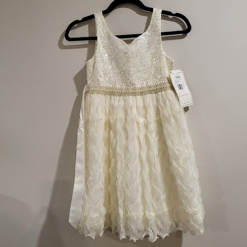 Couture Princess Girls Ivory Sequin Pearl and Rhinestone Sleveless Dress Size 7